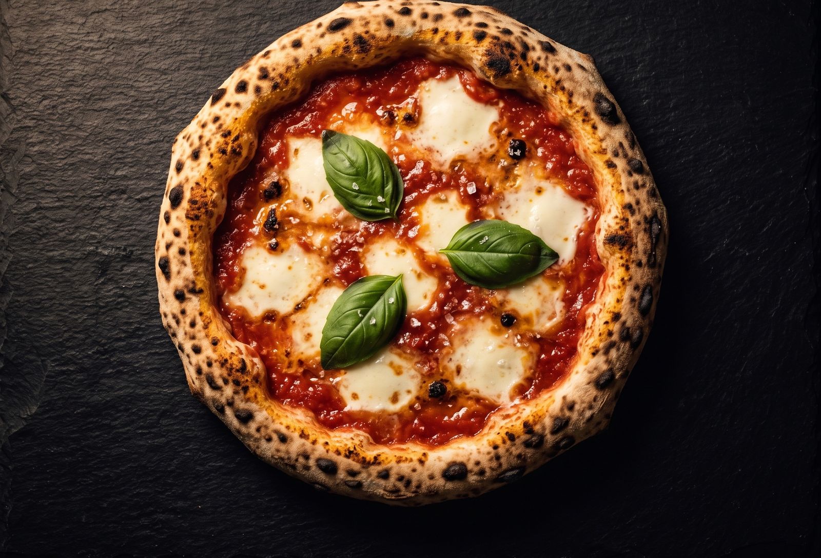 Pizza Margherita Verace su ardesia, vista dall'alto