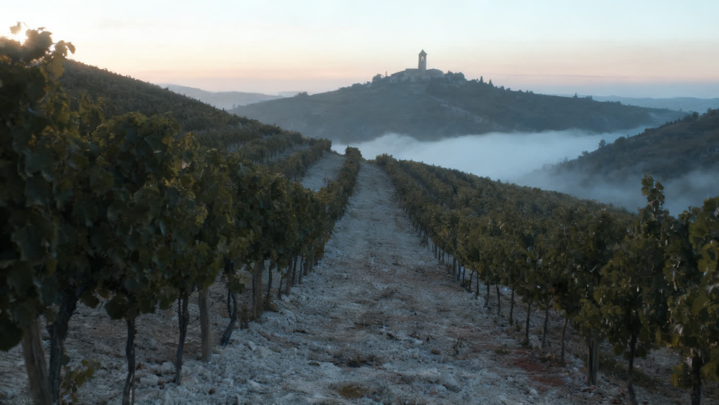 Mare di nebbia nel fondovalle all'alba, con il paese sulla cresta
