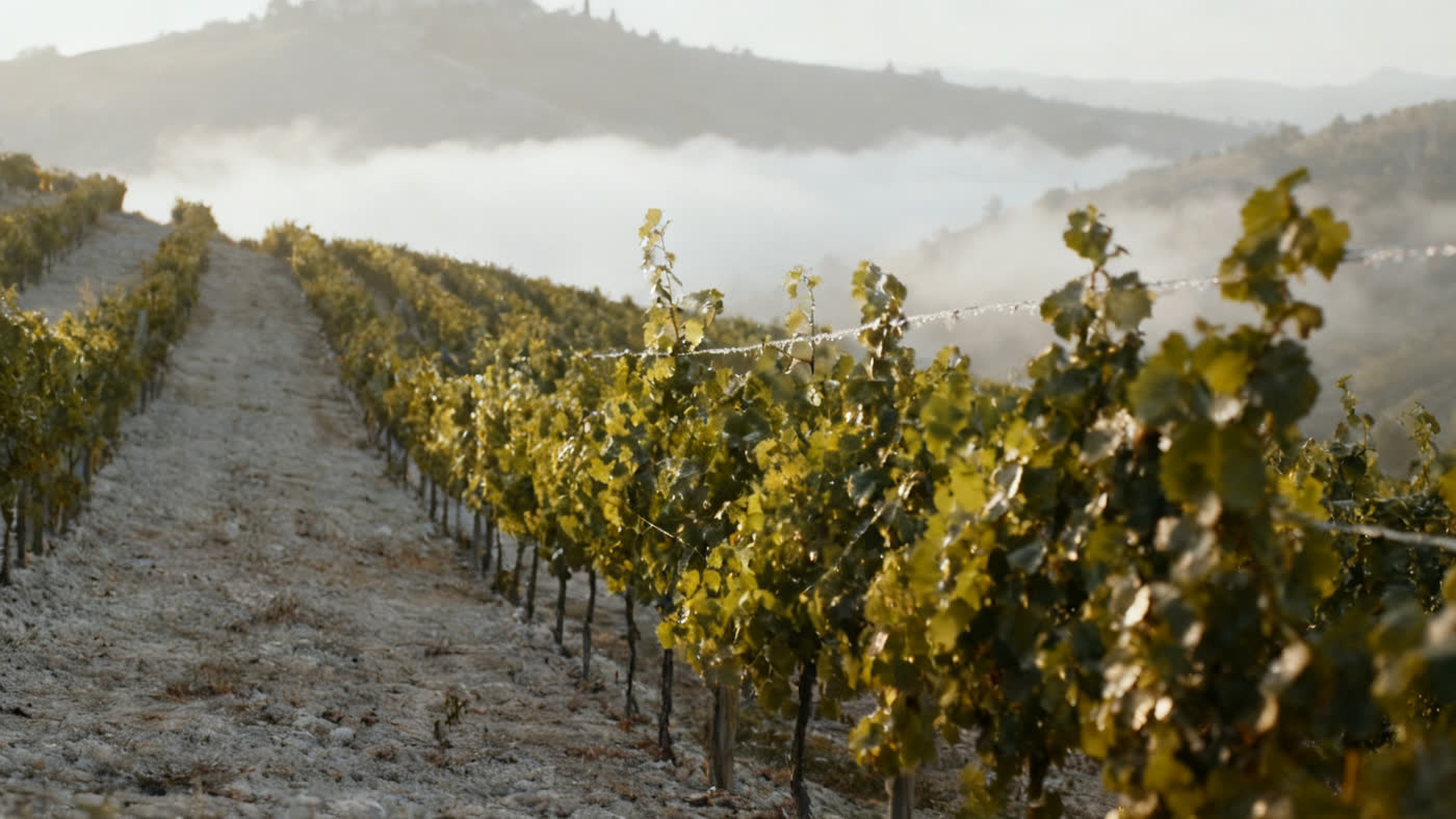 Filari giovani di nebbiolo alle prime luci, con la nebbia nel fondovalle