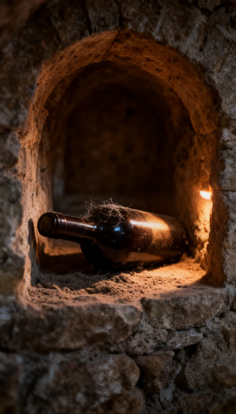 Bottiglia impolverata coricata in una nicchia di pietra in cantina