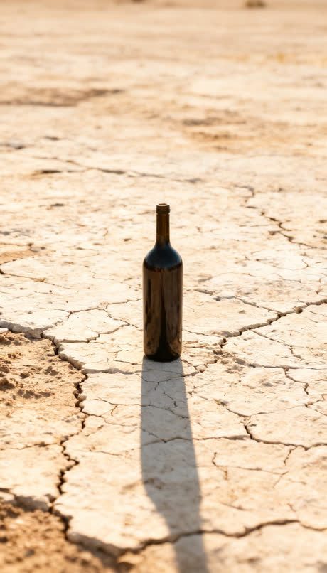 Bottiglia sulla marna screpolata con l'ombra lunga